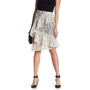 Nanette Lepore Lace Overlay Asymmetrical Hem Ruffle Midi Skirt